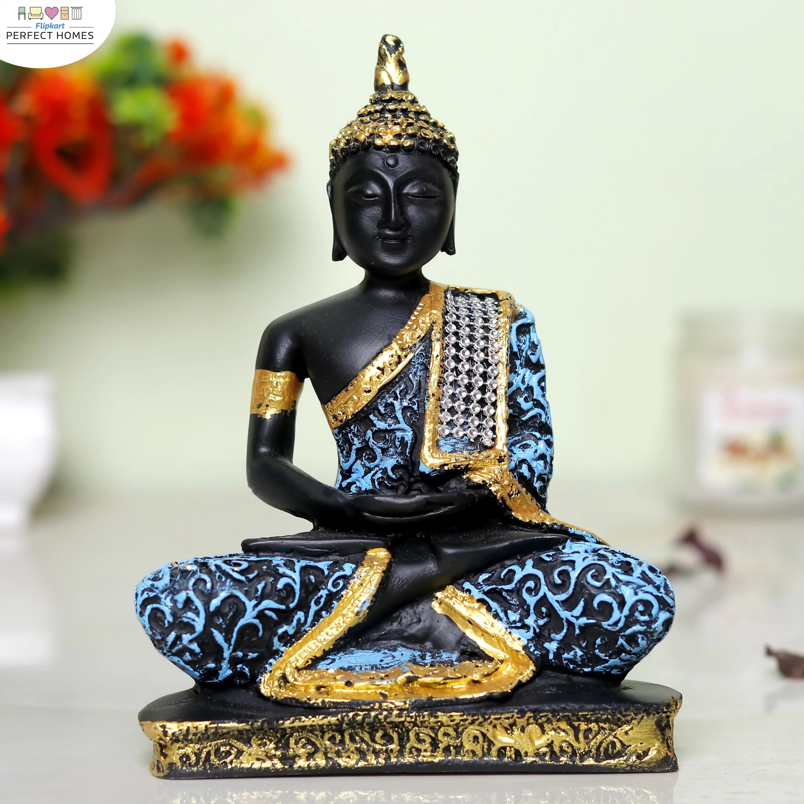 Lord Gautam Buddha Meditating Statue – Blue & Gold Resin Showpiece for Home Décor (16 cm)