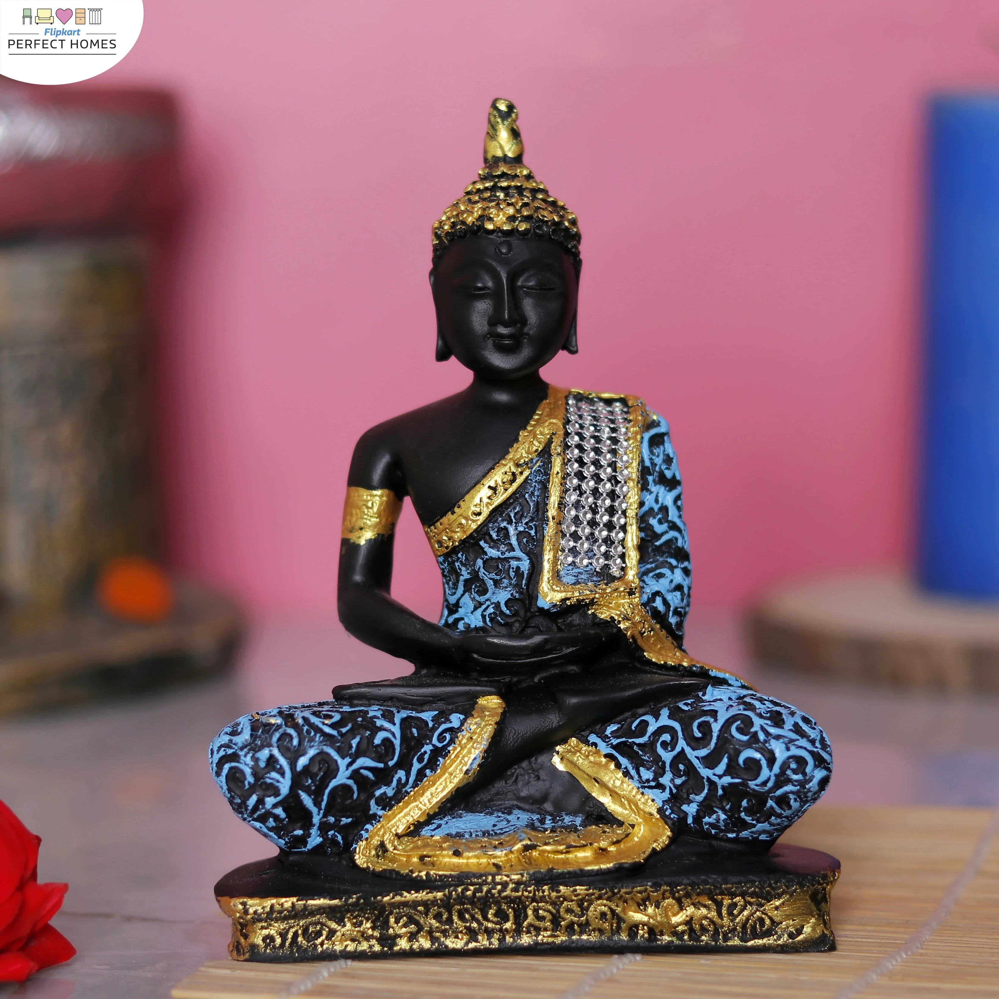 Lord Gautam Buddha Meditating Statue – Blue & Gold Resin Showpiece for Home Décor (16 cm)